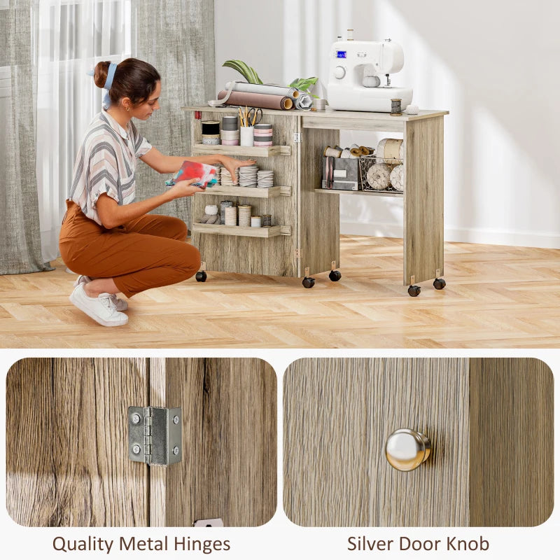 Folding Sewing Table with Drop Leaf & Storage Bins - Rolling Craft Table for Small Spaces, Grey