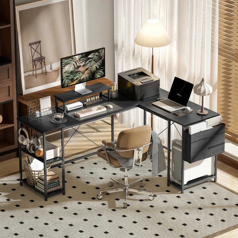 Reversible 168cm L Shaped Desk - Industrial Corner Computer Table with Adjustable Shelf & Storage Bag, 240cm for 2 Users, Black