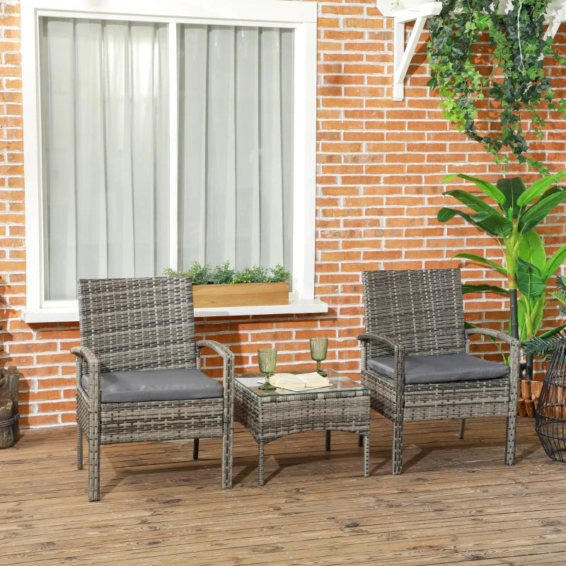 3-Piece Grey Rattan Patio Bistro Set with Cushioned Chairs