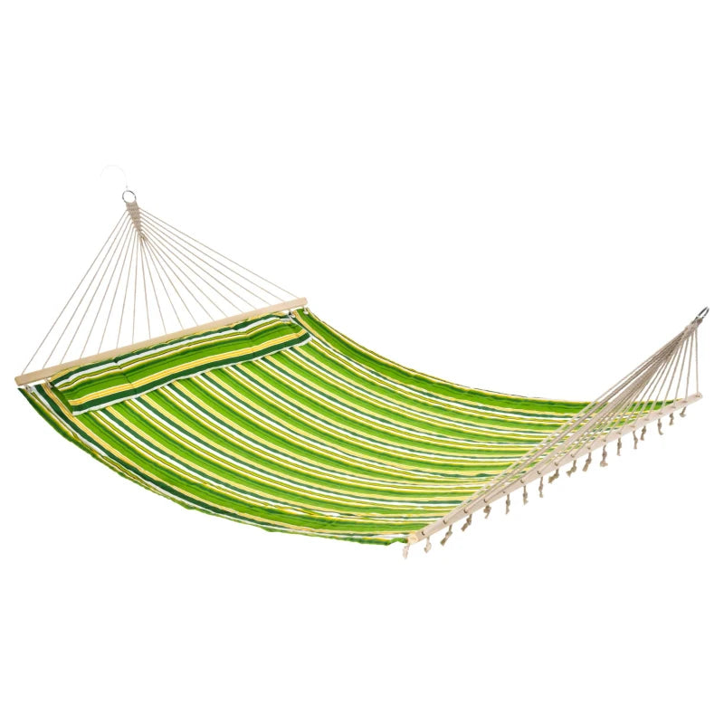 Green Striped Double Cotton Hammock with Pillow - Outdoor Swing Bed 188L x 140W (cm)