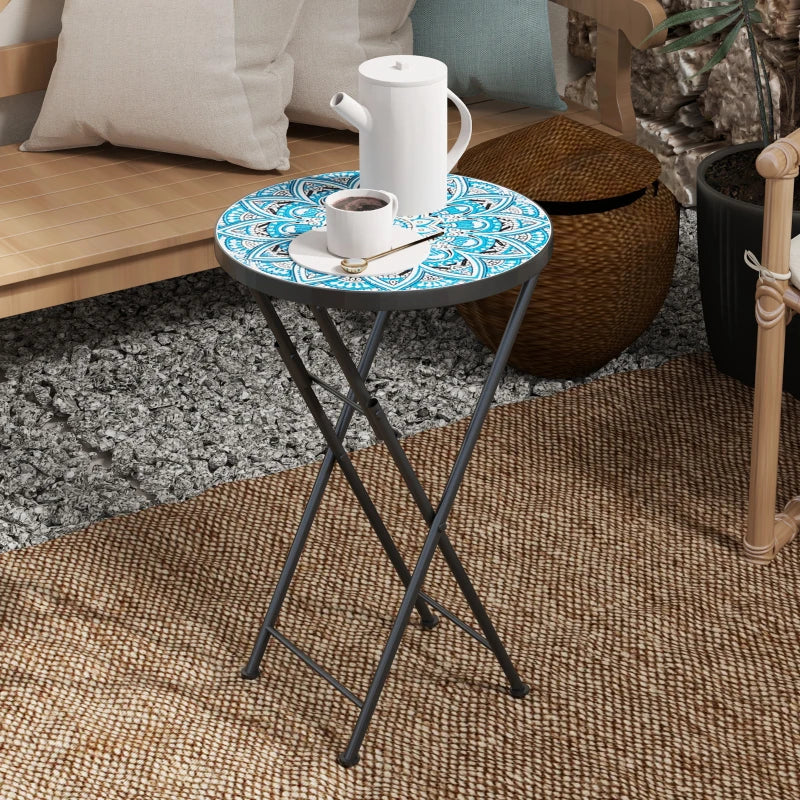 Mosaic Round Folding Garden Table, 35.5cm Blue Coffee Table for Balcony & Terrace
