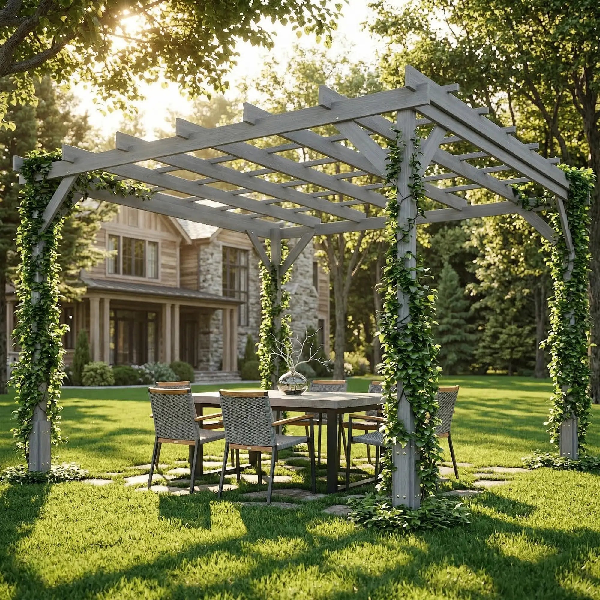 3m x 3m Wooden Pergola Kit Grey Garden Gazebo Shelter, Solid Fir Wood Outdoor Pergola with Stable Posts, Decorative Patio Arbour for Climbing Plants, Vines, Decking, Lawn & Garden Shade