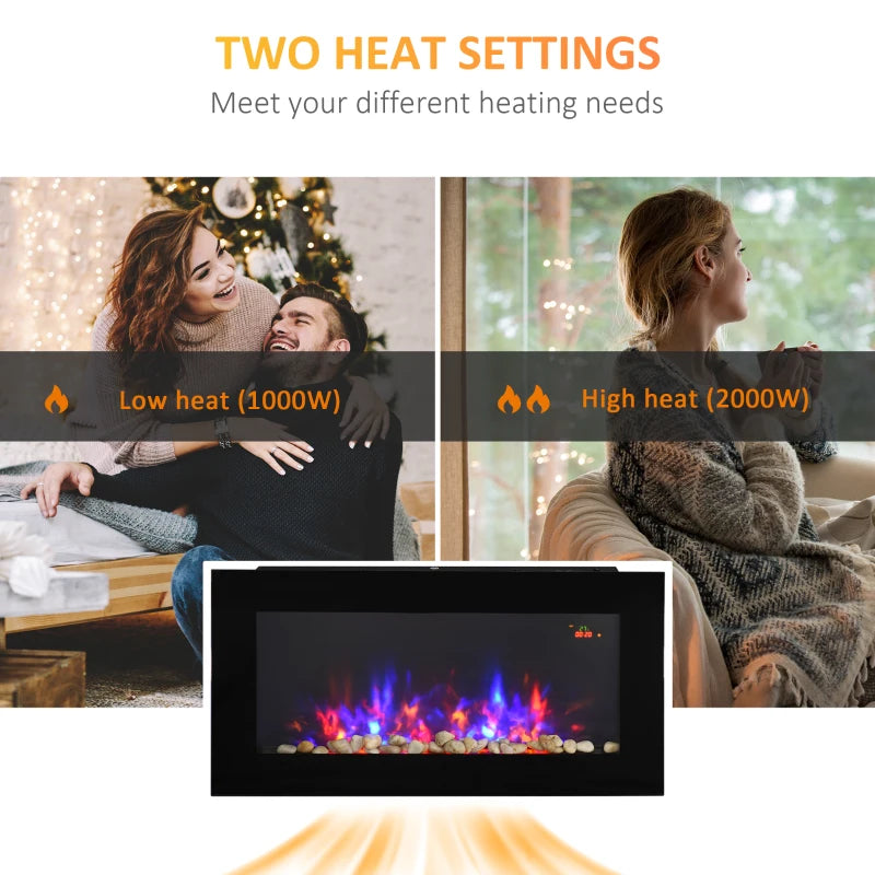 Curved Glass Electric Wall Mounted Fireplace for Living Room 1000W 2000W Black 48H x 90.8W x 11.5Dcm