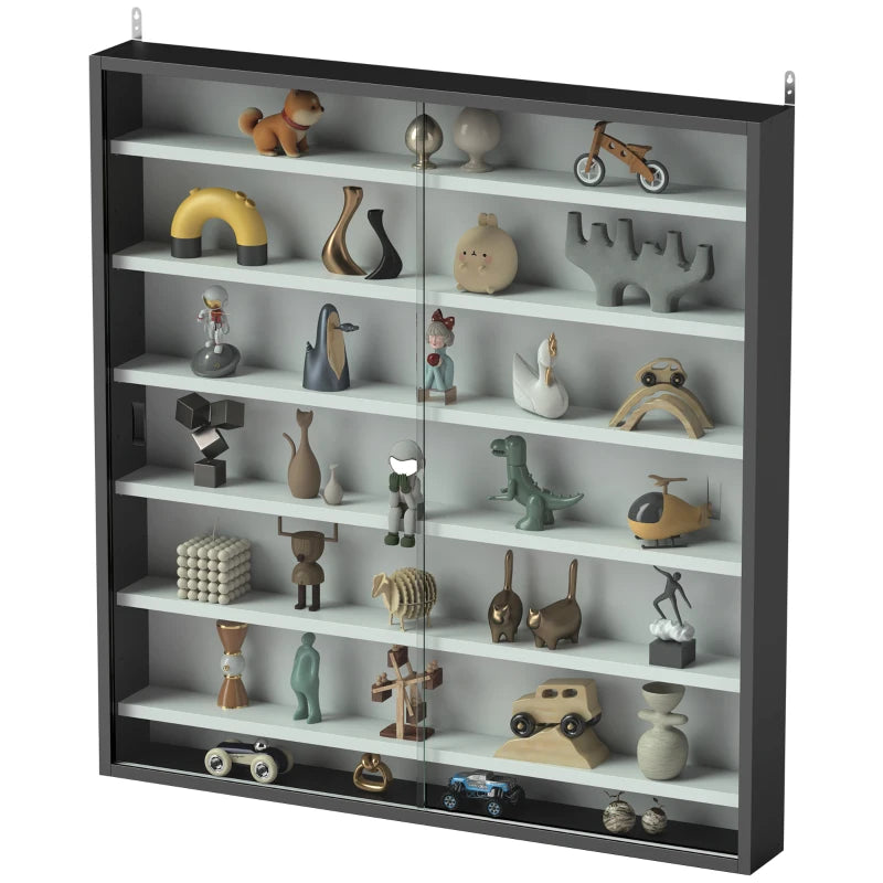 Modern Six Shelf Display Cabinet with Glass Doors - Stylish Black and White Storage Solution for Home or Office