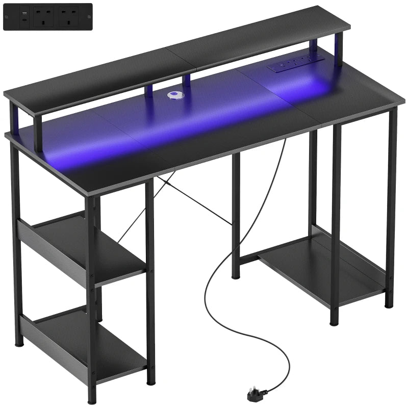 LED Computer Desk with Power Outlets & Shelves - Stylish Carbon Fibre Grey Home Office Furniture