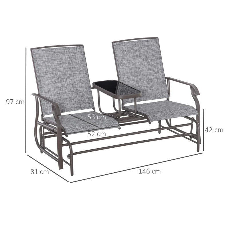 Metal Garden Glider Loveseat with Glass Table, 2 Seats, Brown/Grey