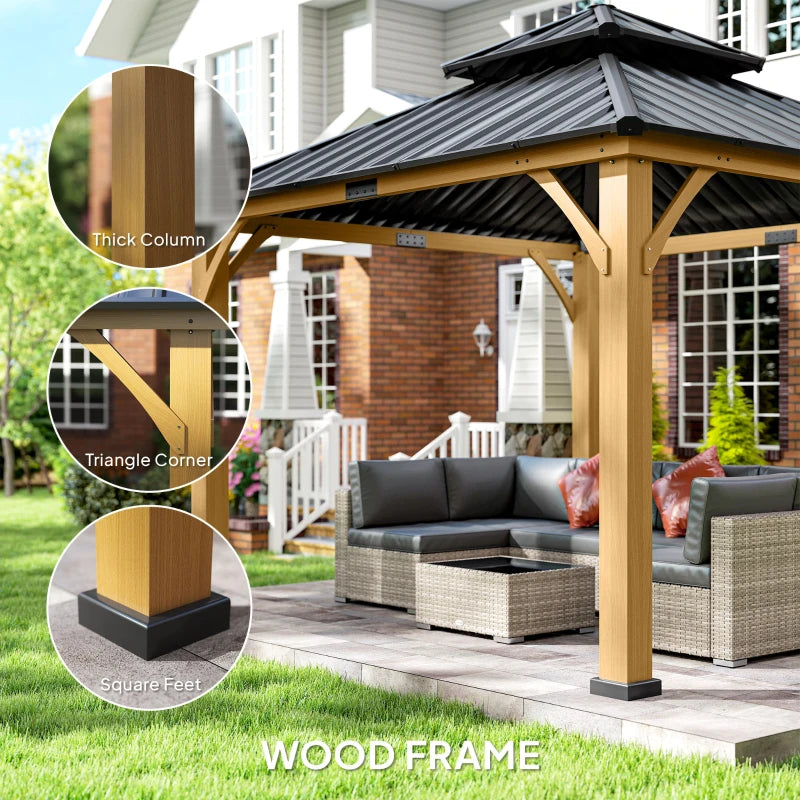 Fir Wood 3.5 x 3.5m Grey Patio Shelter: Two-tier Metal Roof Hardtop Gazebo Canopy