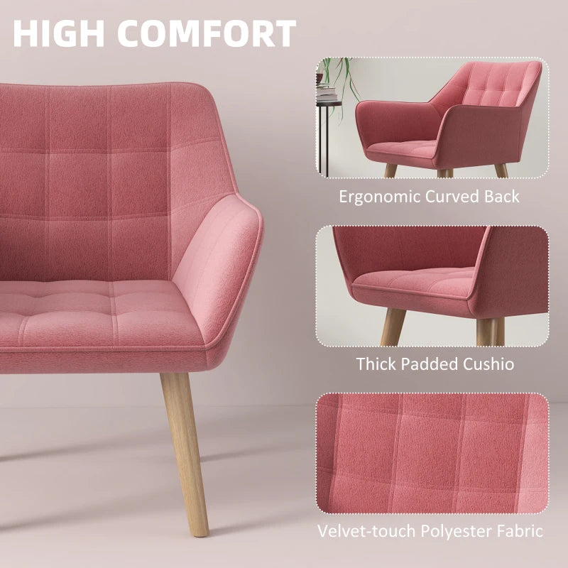 Stylish Pink Accent Chair with Wide Arms, Slanted Back, Thick Padding and Rubber Wood Legs for Living Room