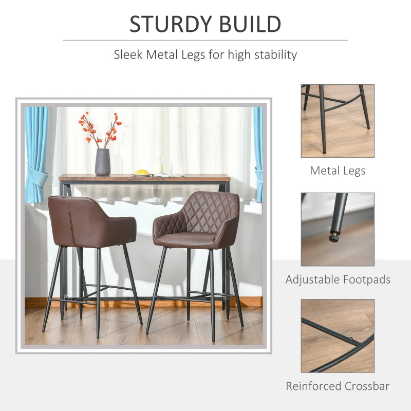 Set of 2 Retro PU Leather Bar Stools with Footrest - Stylish Metal Frame Dining Chairs in Brown