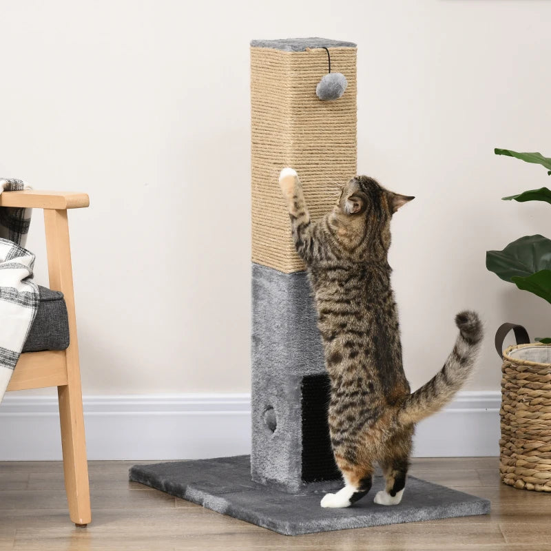 79cm Cat Tree Scratching Post - Indoor Jute Scratcher Climber with Carpet Base & Dangling Toy - Grey