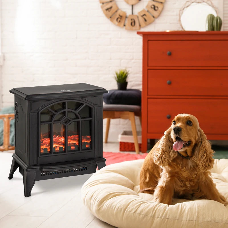 Freestanding 1000W 2000W Electric Fireplace Indoor Heater with Thermostat and LED Flame Effect Black