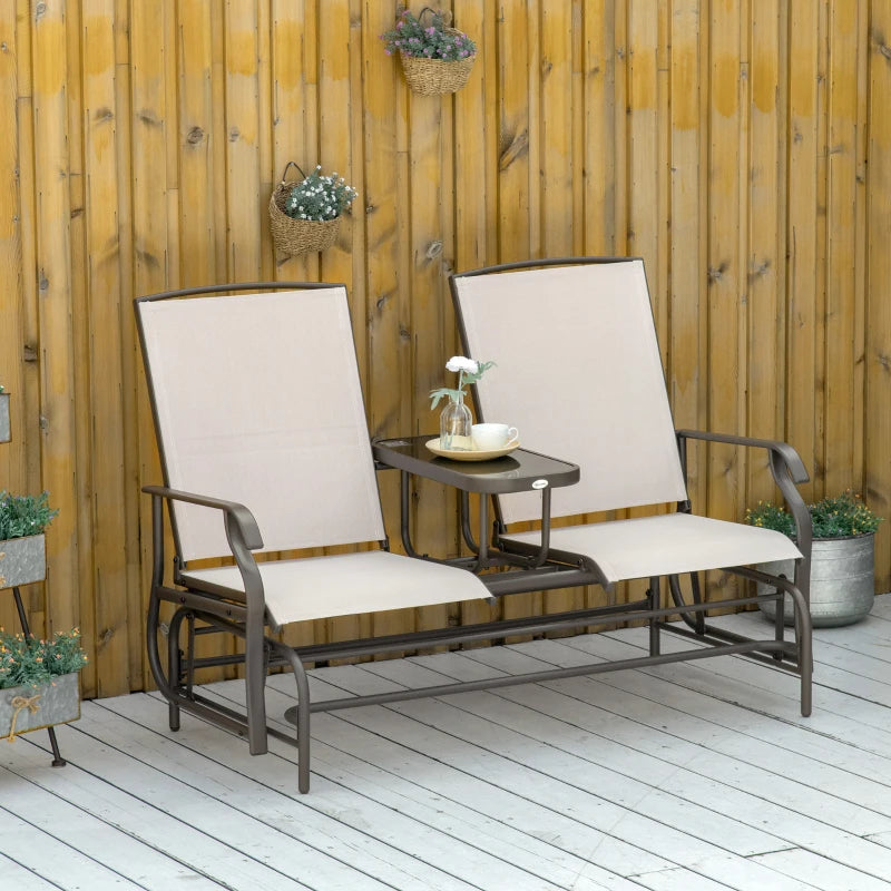 Brown/Khaki 2-Seater Metal Garden Glider Loveseat with Glass Top Table