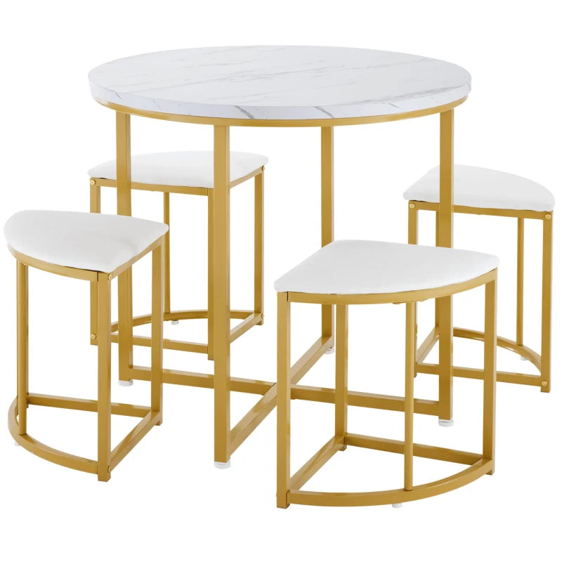 5-Piece Modern Marble Dining Table & Chair Set with Gold & White Semi-Circular Stools - Space-Saving for Apartments & Restaurants