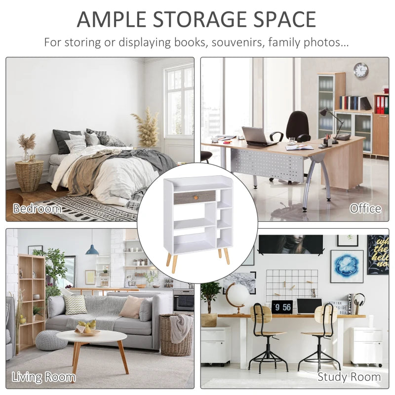Freestanding Bookcase with Storage Drawer - 6 Shelves, Wood Legs, White & Grey - Home Office Display, 24D x 60W x 86.8H cm