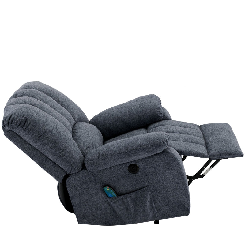 Electric Recliner Armchair with Heating, Massage, USB Ports, and Side Pockets - Light Grey-Blue, 92x94x105 cm