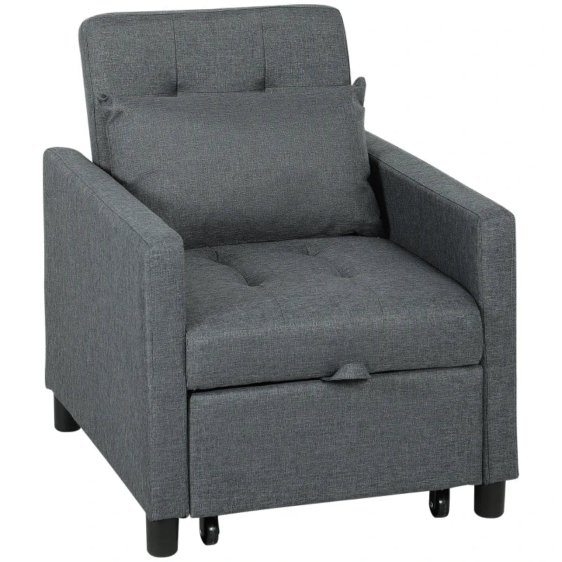 Convertible 3-in-1 Chair Bed with Adjustable Backrest, Pillow and Footrest for Living Room in Dark Grey
