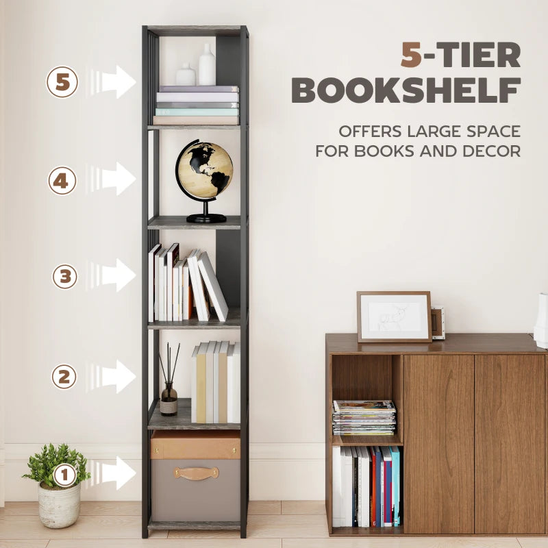 5-Tier Grey Bookshelf with Durable Steel Frame - Modern Storage Solution for Home or Office