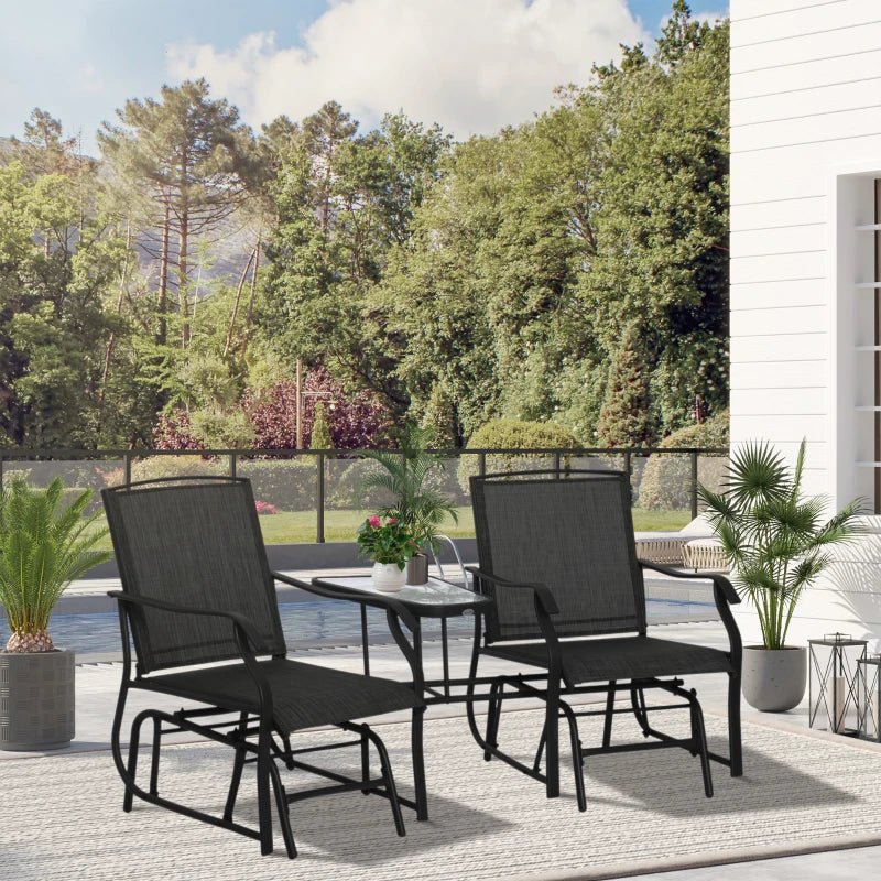 Black Outdoor Double Glider Rocking Chairs with Glass Top Table