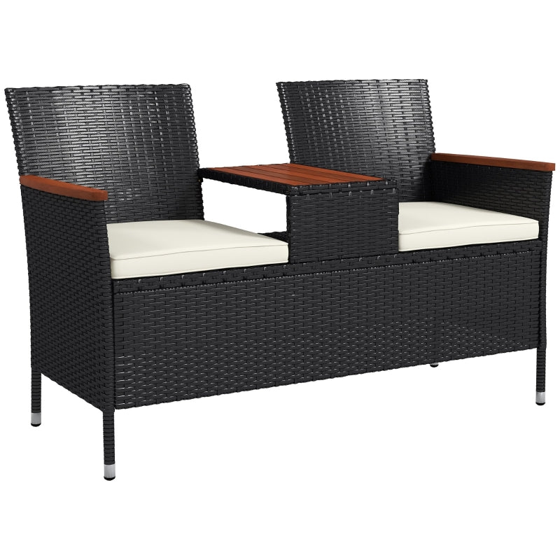 Black Rattan Loveseat with Wood-Top Table