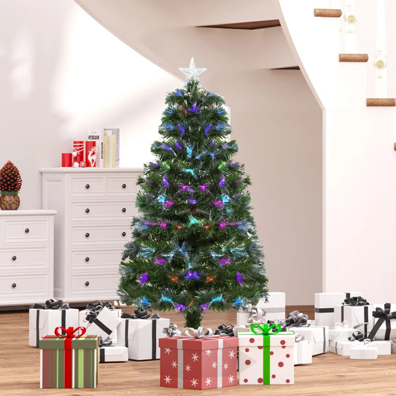 4FT Multicoloured Artificial Christmas Tree with Fibre Optic Lights, Pre-Lit Modes, Metal Stand & Star Holder - Festive Home Decoration