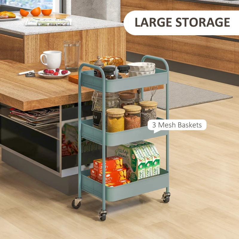 Light Blue Three-Tier Steel Storage Trolley - Durable, Stylish Organizer for Home, Office, Kitchen & Garage