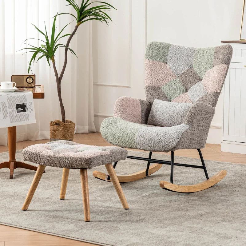 Stylish Rocking Garden Chair Set with Footstool and Pillow, Wingback Design, Solid Wood Legs, Blue and Grey
