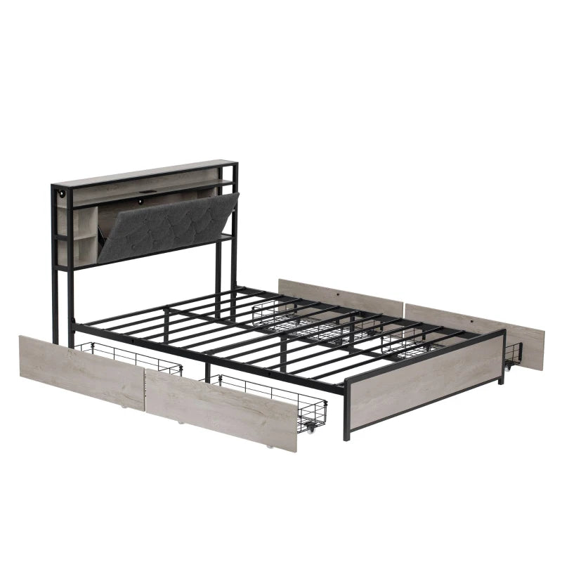 Double Bed Frame with Storage Drawers & RGB LED Lights, USB Ports, Grey & Rustic Brown, 207x138x101 cm
