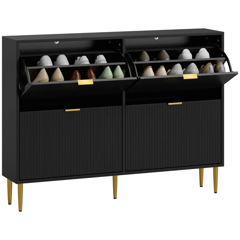 Narrow Black Shoe Cabinet with 4 Flip Drawers for Space Saving Storage