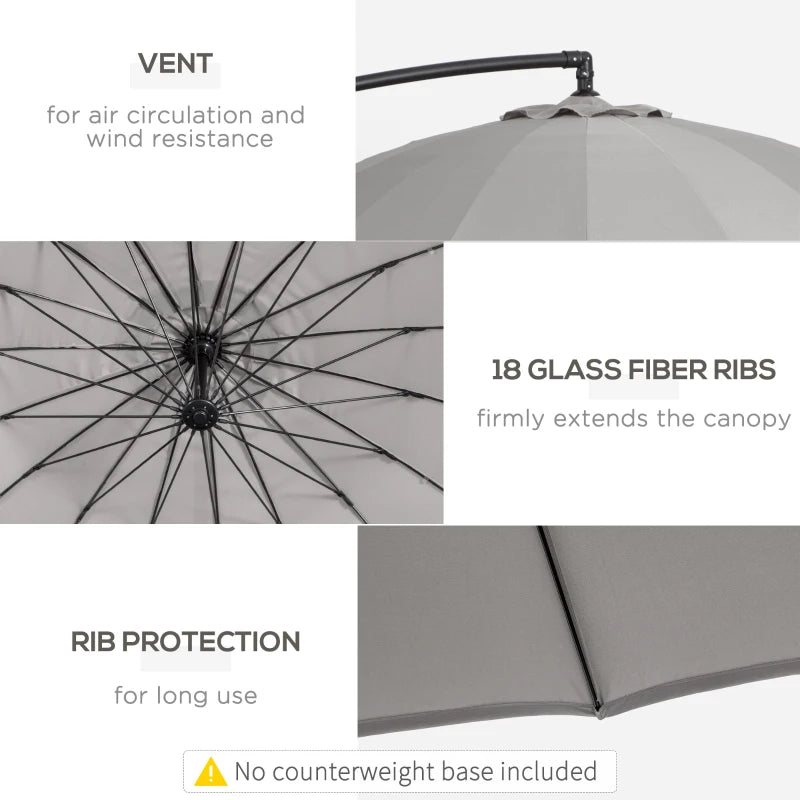 Light Grey 3m Cantilever Patio Umbrella with 18 Ribs & Vents