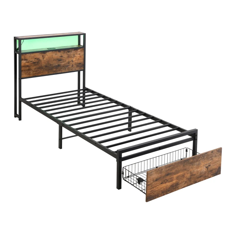 Unique Black Metal Bed with LED Light Strip, USB Ports & Drawer - Modern Bedroom Furniture, 207.5x90.5x105 cm, Dark Walnut Accent