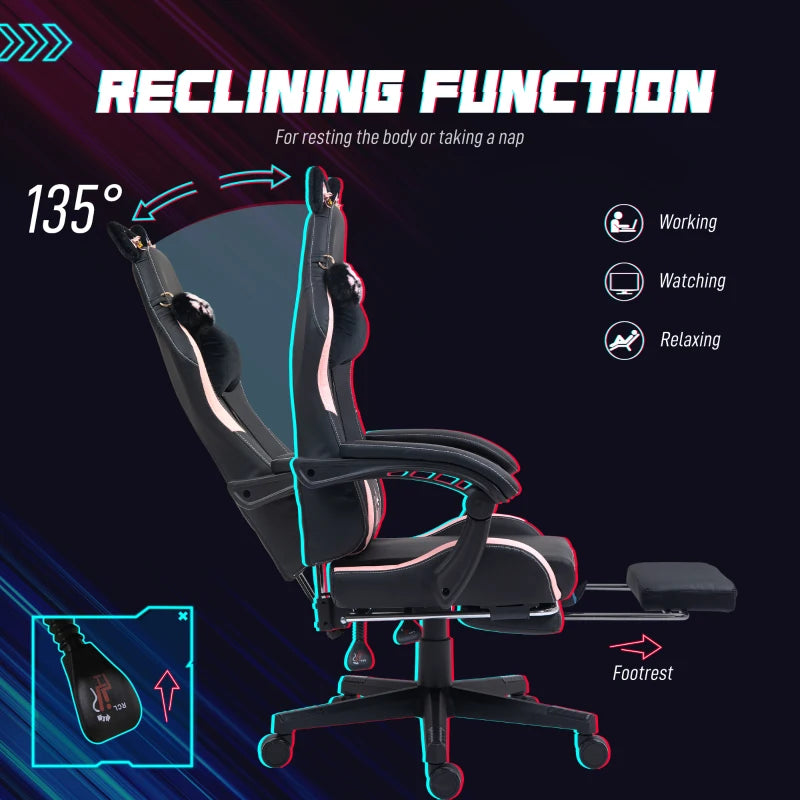 Cat Ear & Paw Reclining Office Chair with Footrest - Stylish Black & Pink Gaming Chair for Cat Lovers