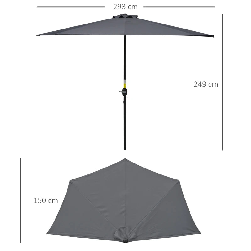 Grey 3m Half Round Patio Umbrella with Crank Handle - No Base