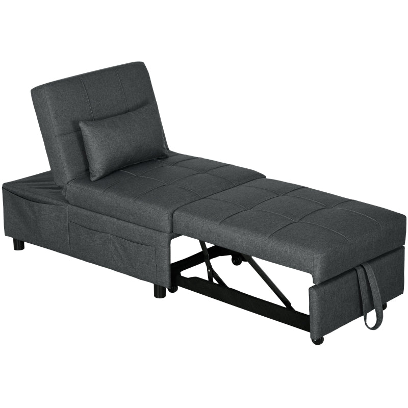 4-in-1 Convertible Chair Bed with Adjustable Backrest, Side Pocket, Wheels and Pillow for Living Room, Grey
