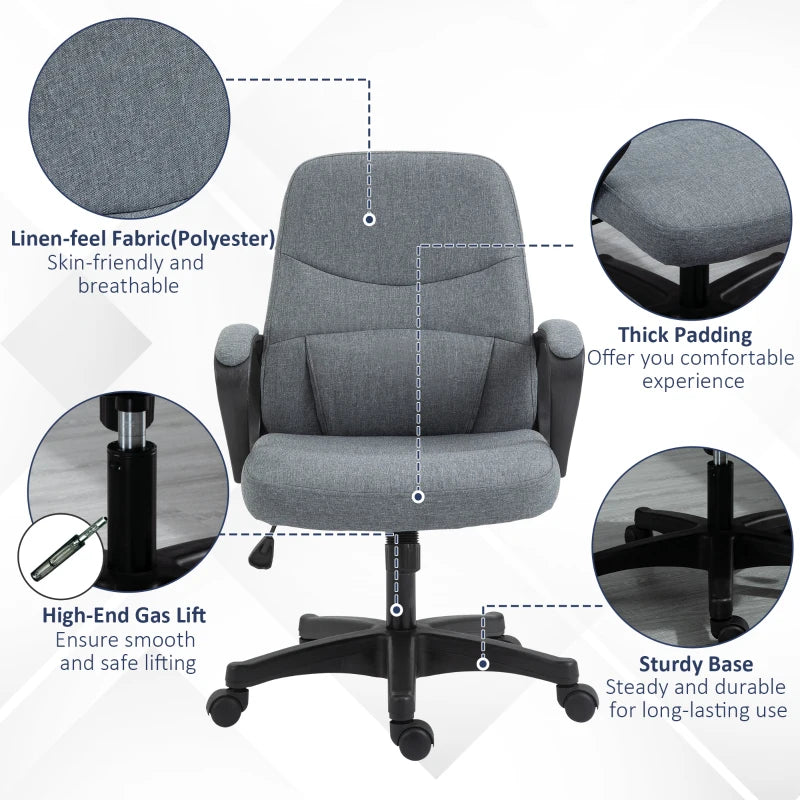 Vinsetto Grey Fabric Office Chair with Massage Lumbar Support, Adjustable Height, Mid Back Design, Swivel Wheels for Comfort