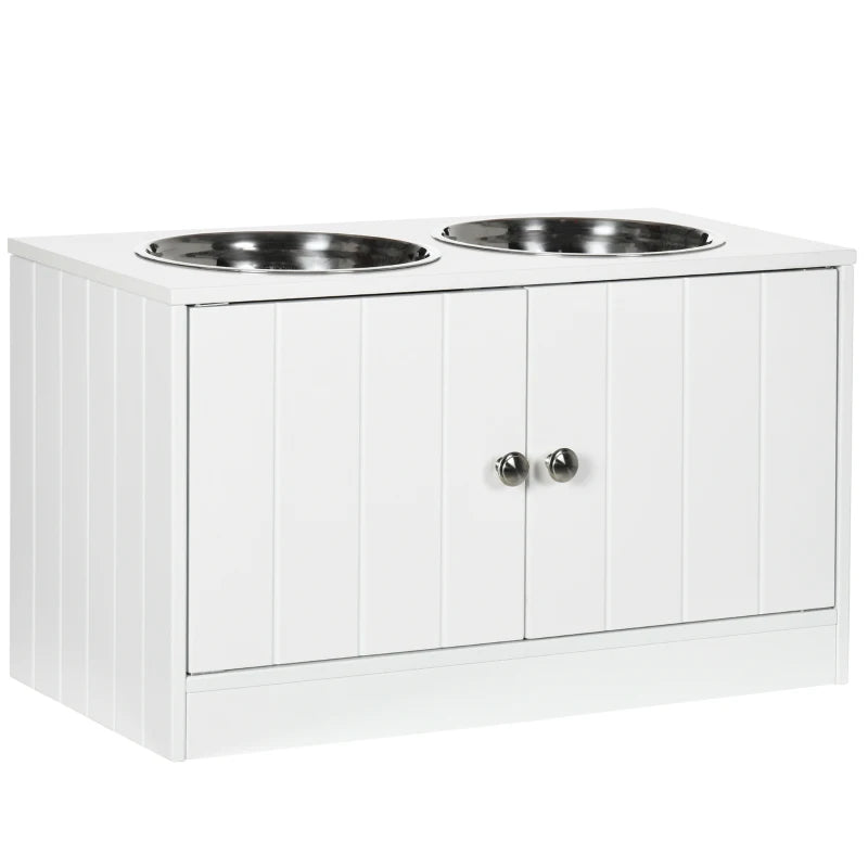 Elevate Your Pet's Dining: Stylish White Raised Feeder with Two Bowls & Convenient Storage