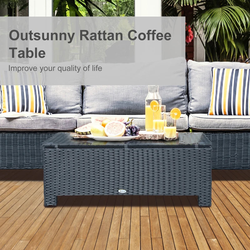 Black Rattan Garden Coffee Table with Glass Top