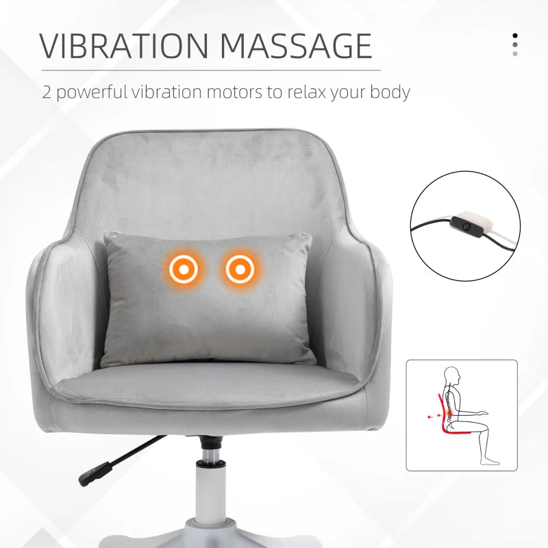 Vinsetto Grey Velvet Office Chair with Massage Lumbar Pillow, Rolling Wheels - Stylish Desk & Makeup Vanity Chair for Home
