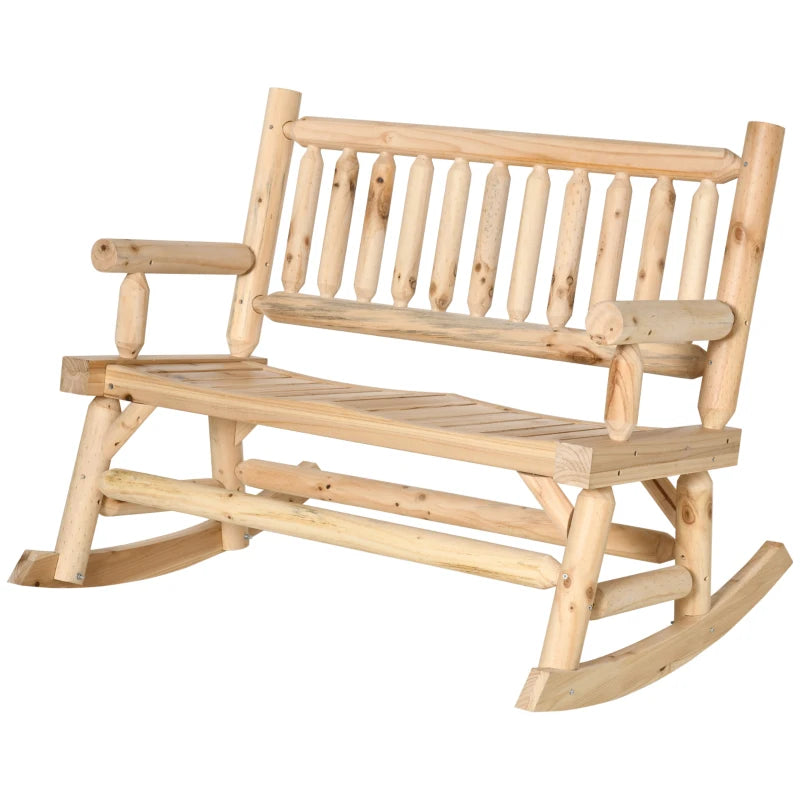 Natural Wood 2-Seater Rocking Bench Loveseat - Rustic Style