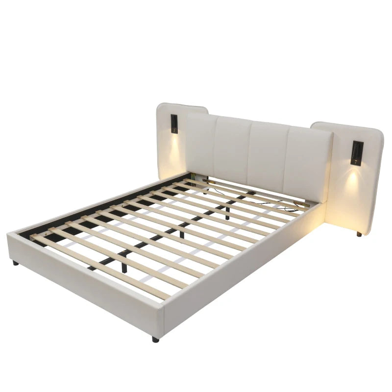 Upholstered Double Bed with Charging Port & Lighting, Impact-Resistant Headboard, 209x221x86.5 cm, Beige - Modern Bedroom Furniture