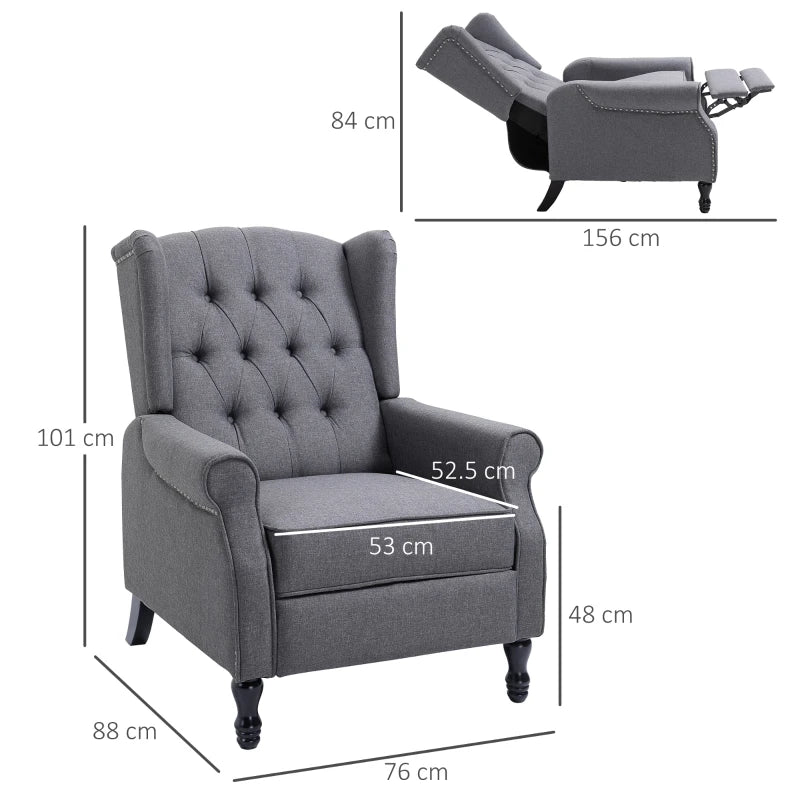 Vintage Wingback Recliner Armchair with Nail Head Trim and Button Tufted Back for Living Room, Grey