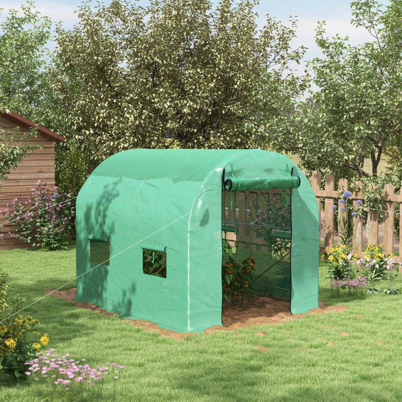 Green Walk-In Garden Greenhouse with Steel Frame, PE Cover, Roll-Up Door, 4 Windows - 2.5 x 2m