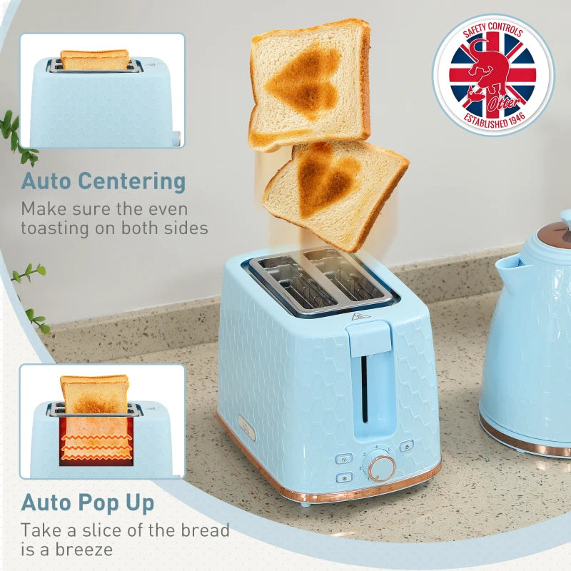 Light Blue 1.7L Fast Boil Kettle & 2 Slice Toaster Set - 3000W, Auto Shut Off, Browning Controls