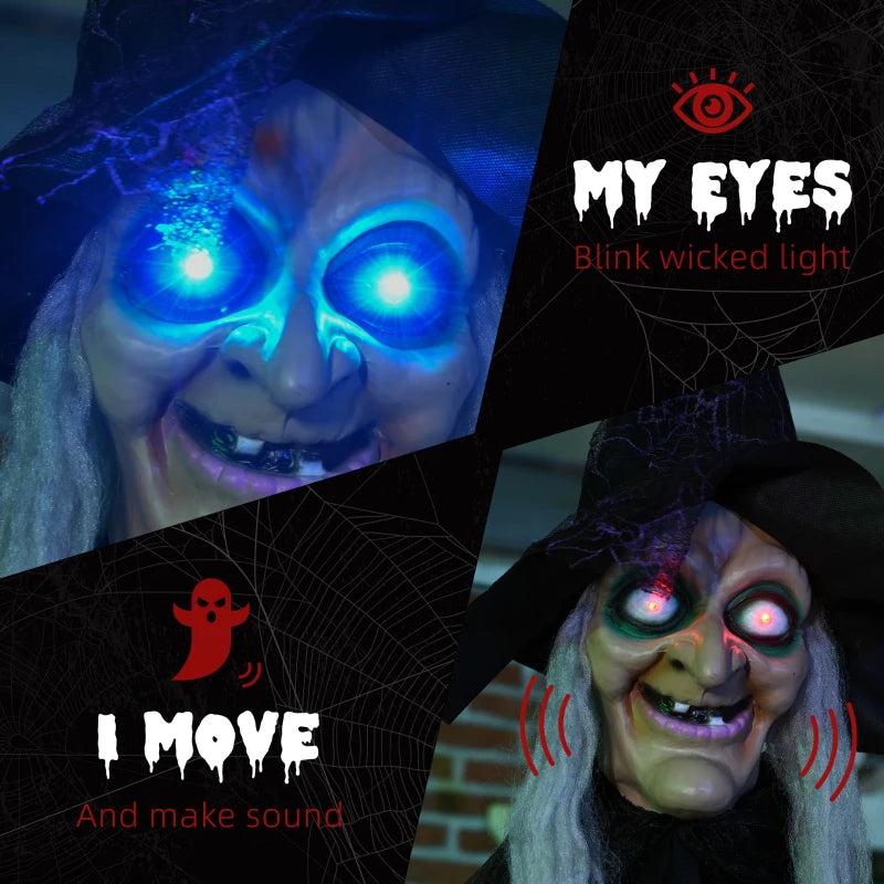 6ft Life Size Outdoor Halloween Witch Decoration - Motion Activated, Light Up Eyes, Talking Sound, Posable Arms, Spooky Prop