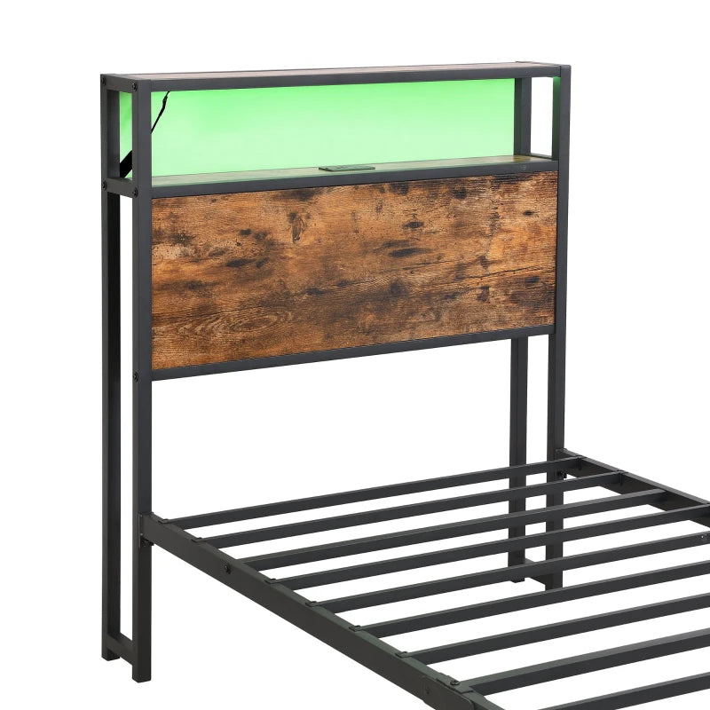 Unique Black Metal Bed with LED Light Strip, USB Ports & Drawer - Modern Bedroom Furniture, 207.5x90.5x105 cm, Dark Walnut Accent
