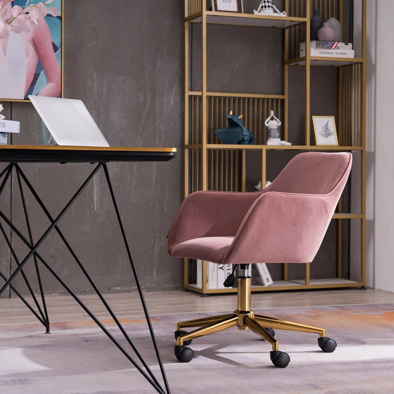 Elegant Pink Velvet Swivel Office Chair with Gold Legs and Ergonomic Backrest, Adjustable Height, 58x58x86 cm