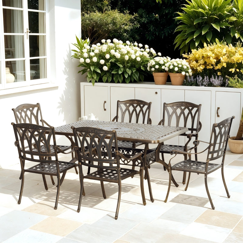 7-Piece Bronze Tone Cast Aluminium Garden Dining Set - Outdoor Furniture, Large Size