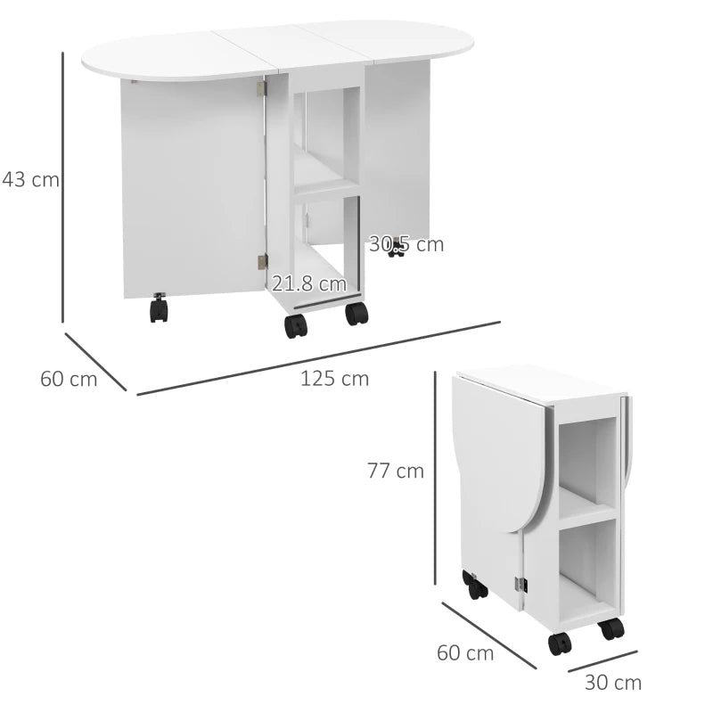 Versatile Four-Person Drop Leaf Dining Table on Wheels - Stylish White Finish for Space-Saving Dining Solutions