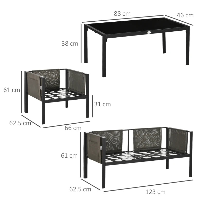 4 Piece Metal Garden Furniture Set with Glass Coffee Table and Cushions for Outdoor Relaxation