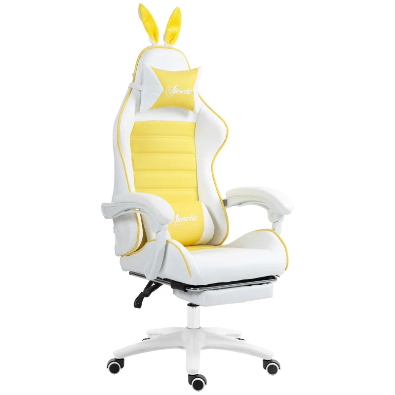 Vinsetto Yellow Reclining Racing Gaming Chair with Headrest, Lumbar Support, Footrest & Removable Rabbit Ears - PU Leather