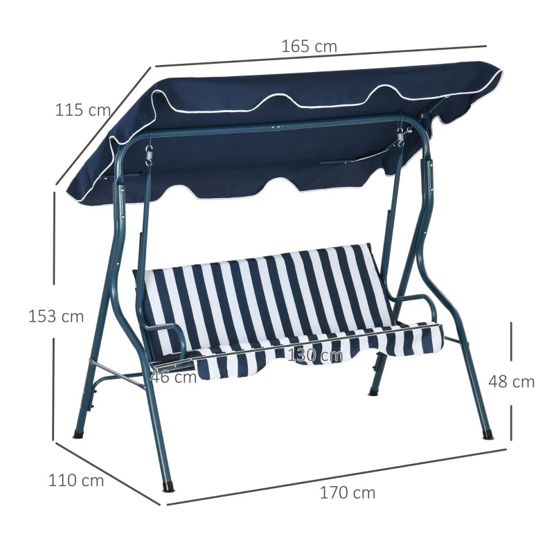 Blue Striped 3-Seater Outdoor Swing Bench with Adjustable Canopy